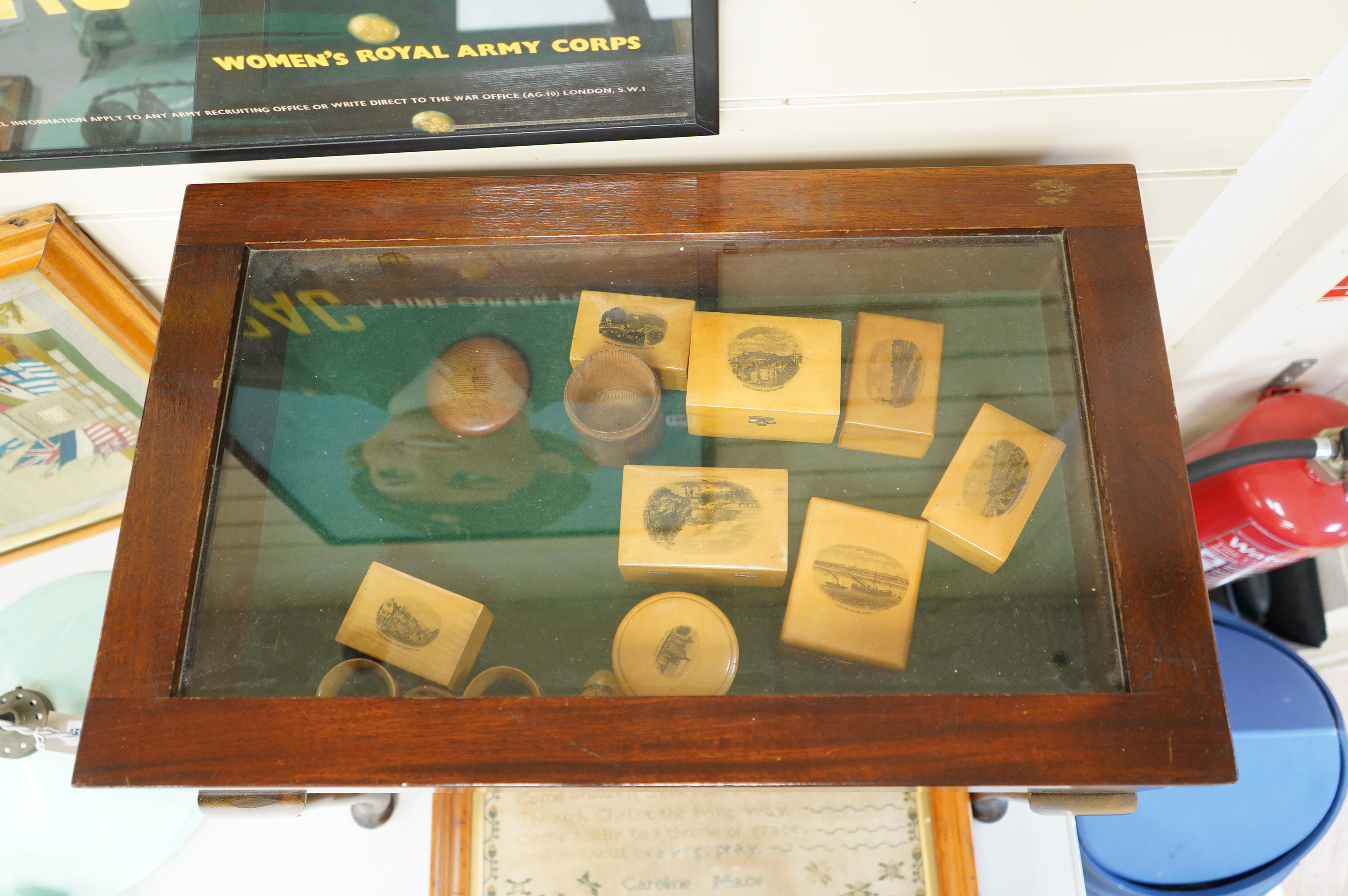 A mahogany display cabinet, with twelve Mauchlineware boxes etc. cabinet 52cm high